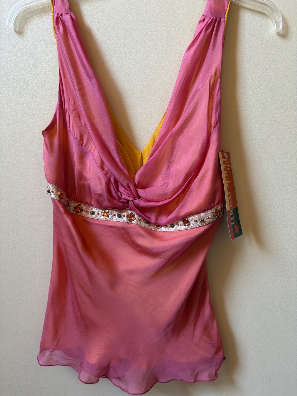 Pink Silk Drape-Front Camisole with Embellished Waistband - New